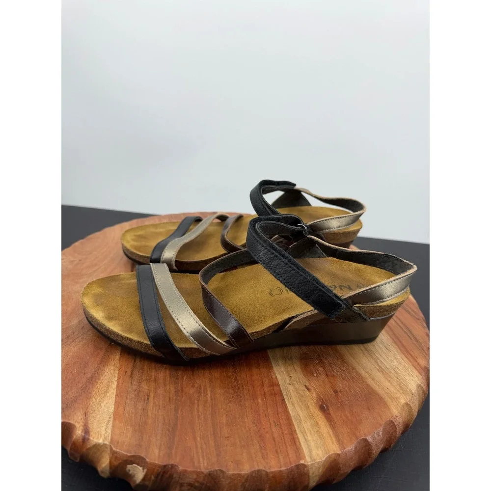 Naot hero Wedge Sandals sz 38 7 Black Bronze Multi Strap Leather Comfort Shoes